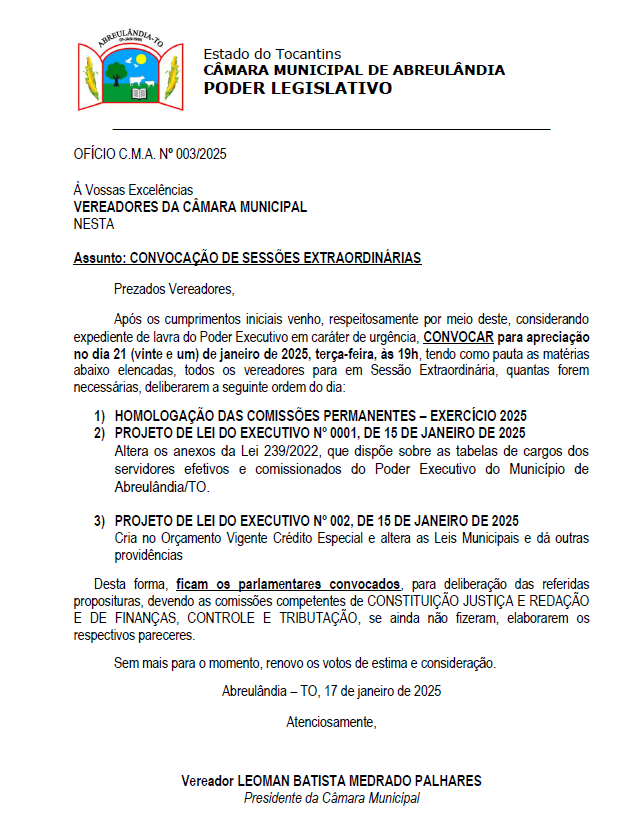 Câmara Municipal de Abreulândia convoca sessões extraordinárias para apreciação de projetos urgentes