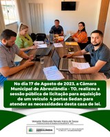 Câmara Municipal de Abreulândia realiza sessão pública de licitação para aquisição de veículo 4 portas Sedan