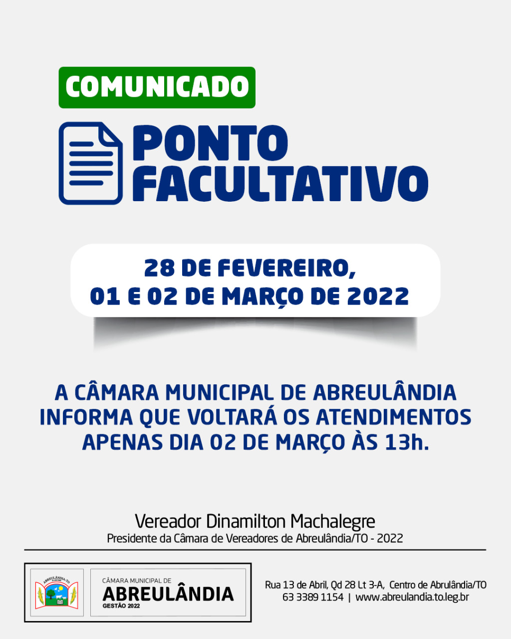 Câmara Municipal decreta ponto facultativo e retoma serviços na quarta-feira de cinzas